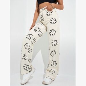 Baevely Wide Leg Cream Pants with Black Floral Print